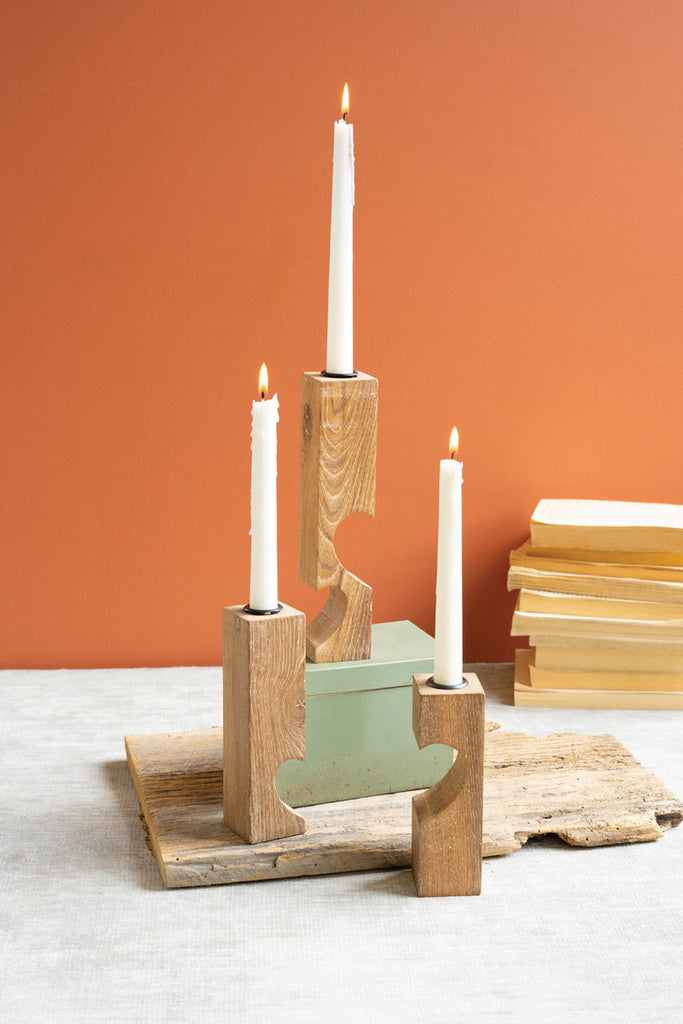 Triple reclaimed heart wood taper candle holder - Bombay Mercantile