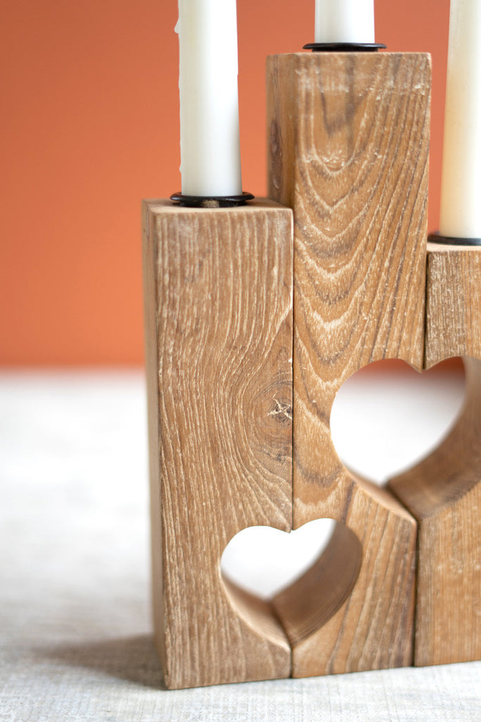 Triple reclaimed heart wood taper candle holder - Bombay Mercantile