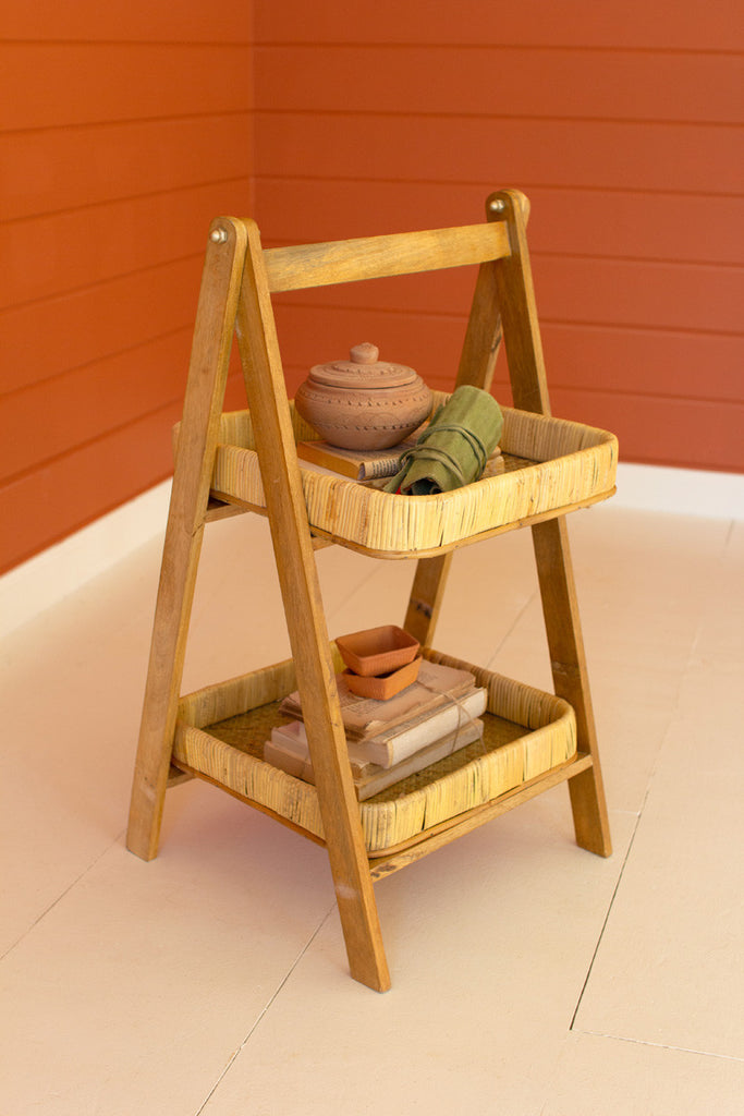Rattan two-tiered display shelf - Bombay Mercantile