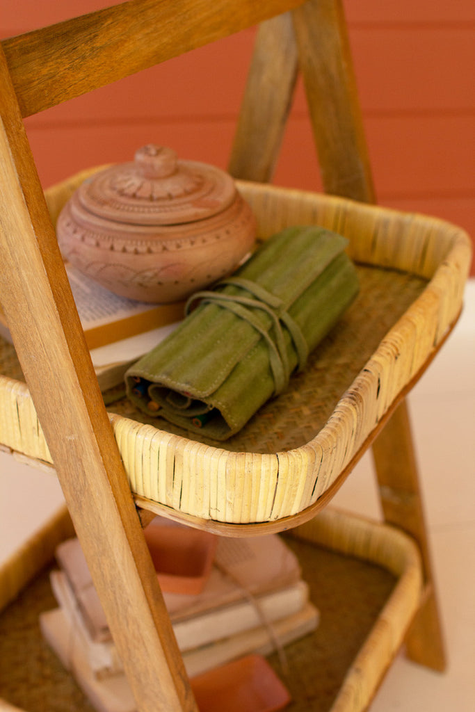 Rattan two-tiered display shelf - Bombay Mercantile