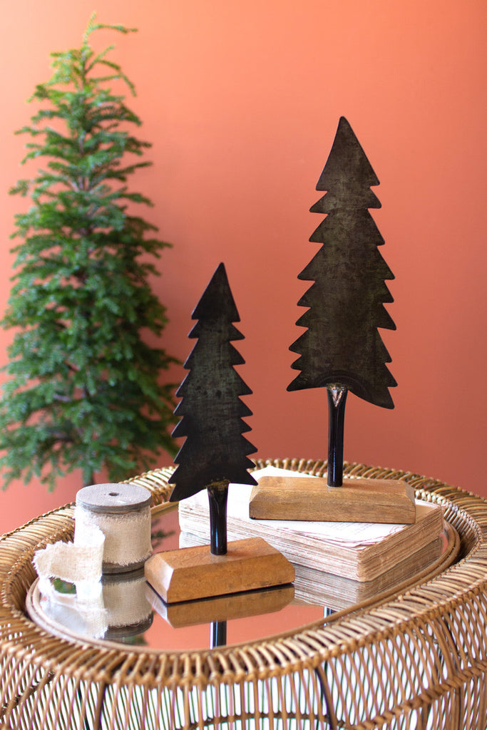 Set of 2 painted iron Christmas trees with wooden bases - Bombay Mercantile