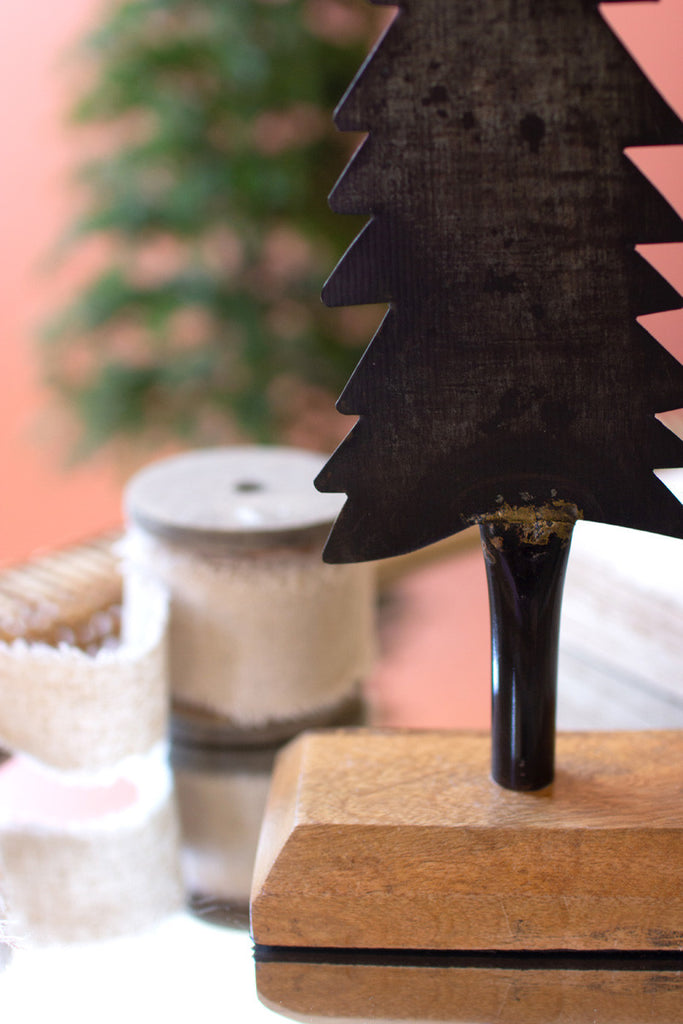 Set of 2 painted iron Christmas trees with wooden bases - Bombay Mercantile