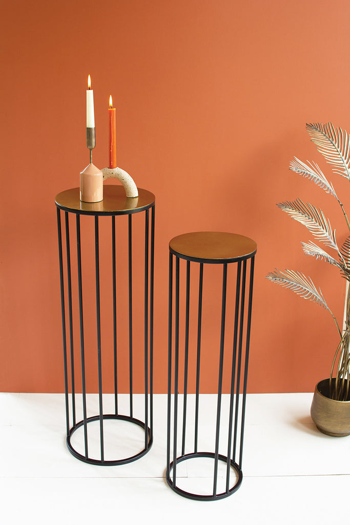 Set of 2 round metal pedestals with antique brass tops - The Nifty Decor