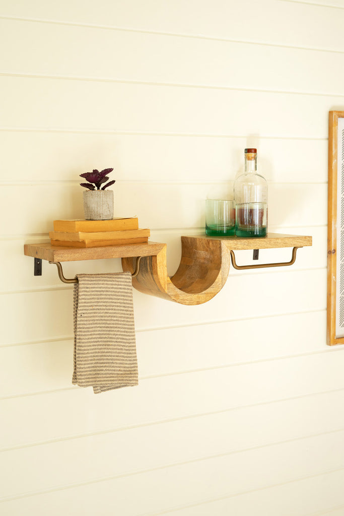 Wooden shelf with antique brass towel racks - Bombay Mercantile