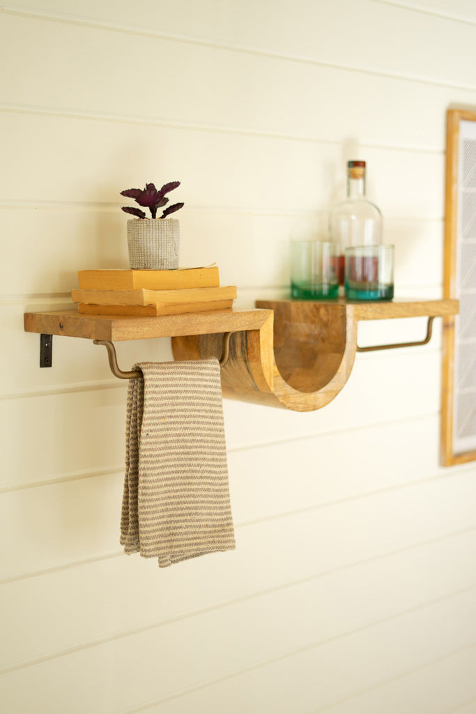 Wooden shelf with antique brass towel racks - Bombay Mercantile