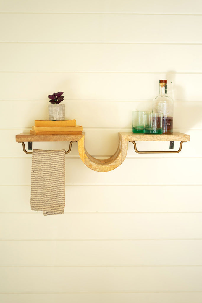 Wooden shelf with antique brass towel racks - Bombay Mercantile