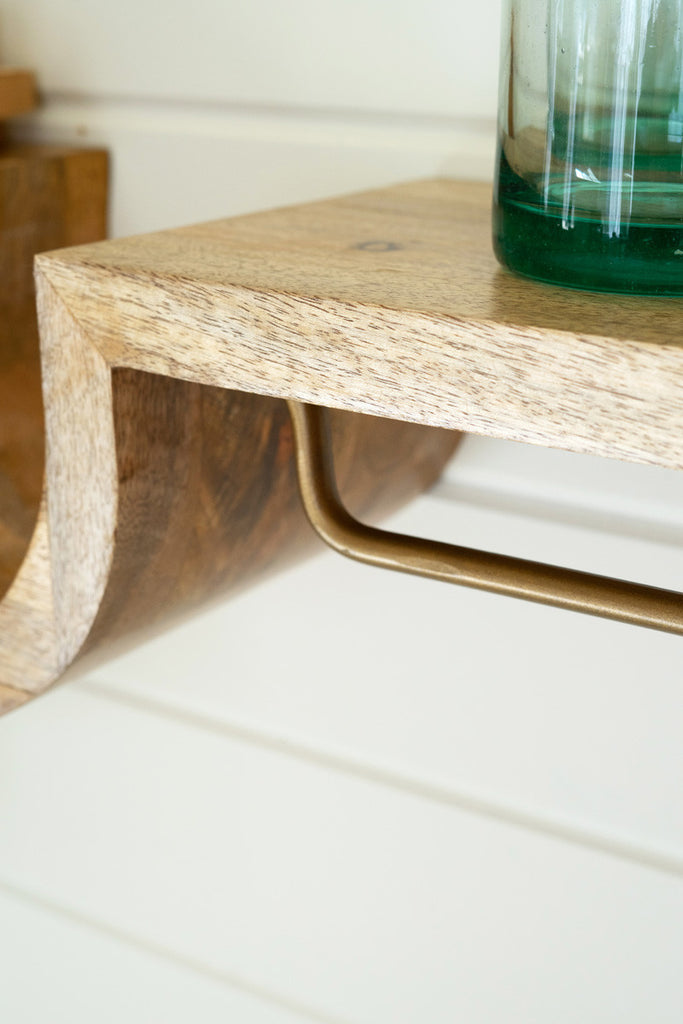 Wooden shelf with antique brass towel racks - Bombay Mercantile