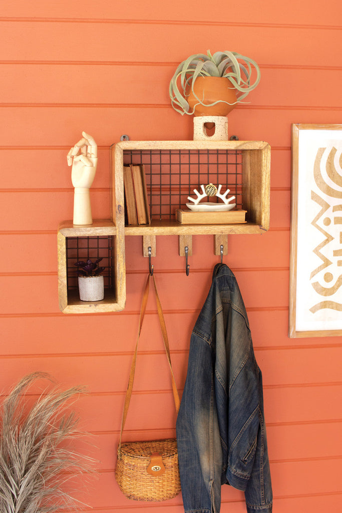 Wood and wire mesh shelf with coat hooks - Bombay Mercantile