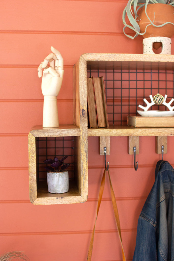 Wood and wire mesh shelf with coat hooks - Bombay Mercantile