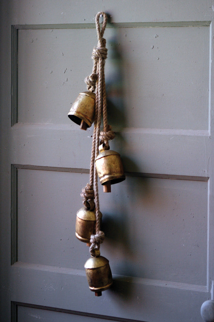 4 rustic iron hanging bells with rope - Bombay Mercantile
