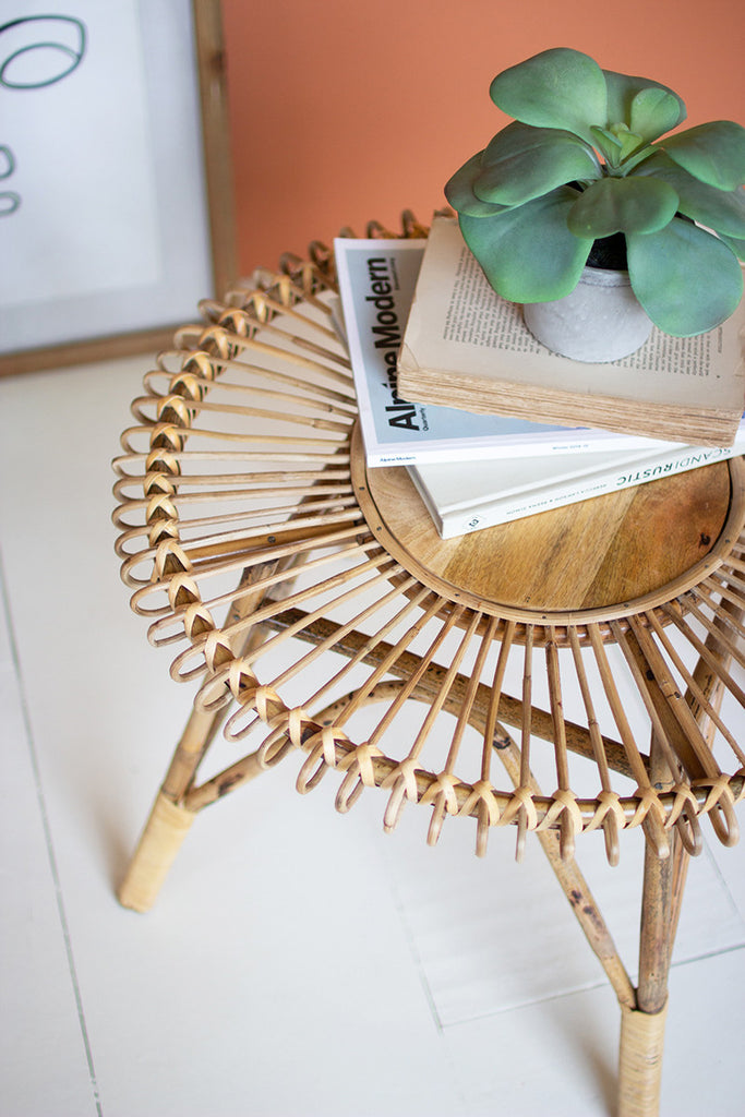 Round cane table with wood center - The Nifty Decor