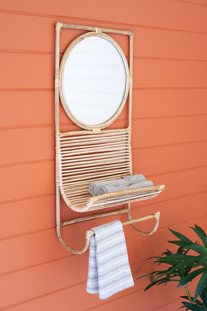 Cane mirror with towel holder - Bombay Mercantile