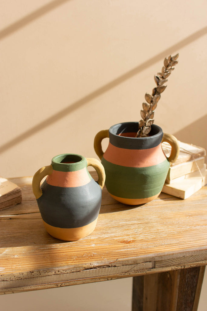 Set of 2 painted terracotta urns with handles - Bombay Mercantile