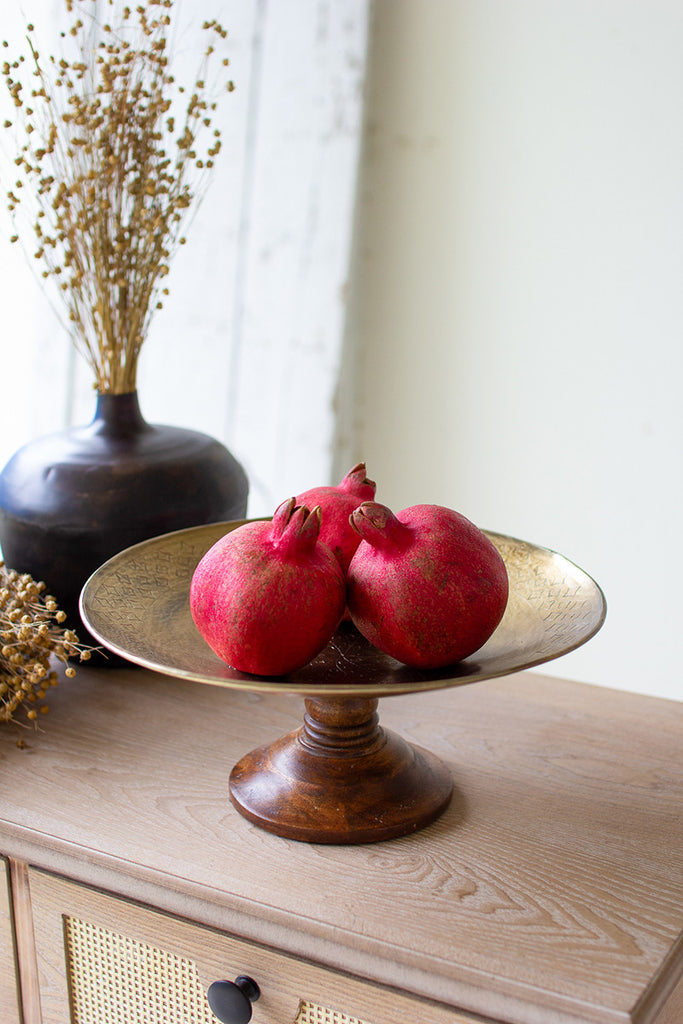 Brass finish compote with turned wood base - The Nifty Decor