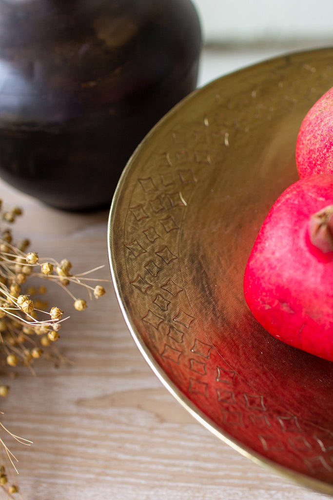 Brass finish compote with turned wood base - The Nifty Decor