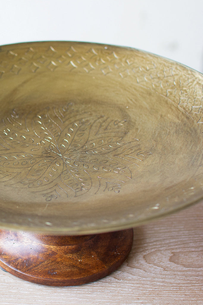 Brass finish compote with turned wood base - The Nifty Decor