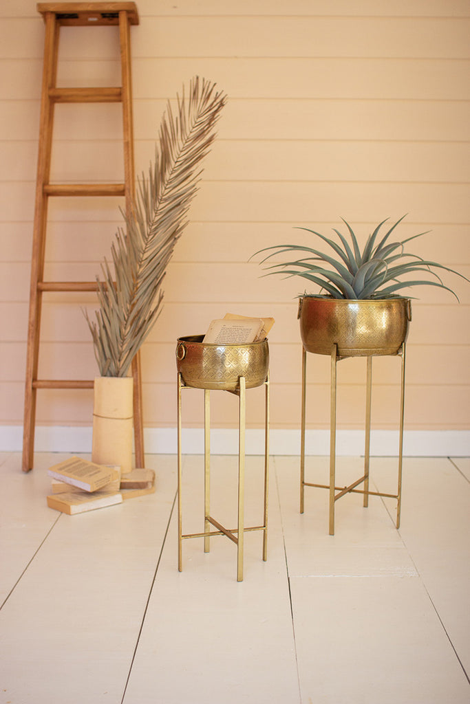 Brass finish planters with stands, set of 2 - The Nifty Decor