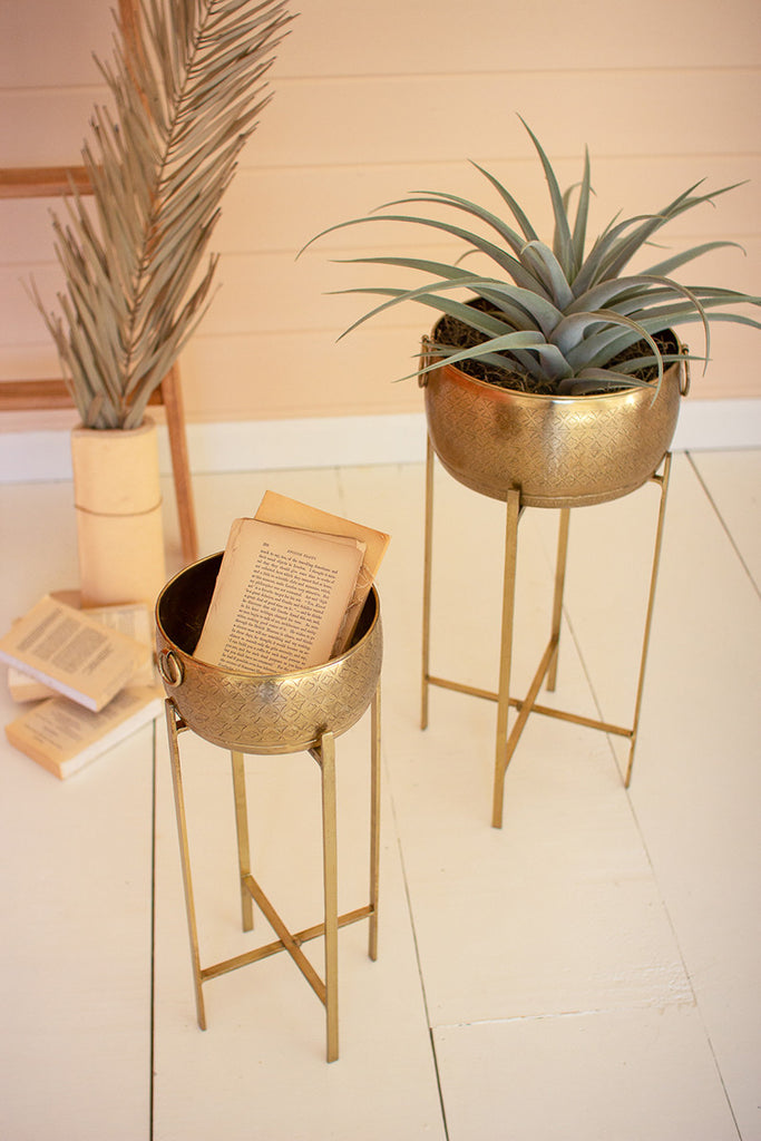 Brass finish planters with stands, set of 2 - The Nifty Decor