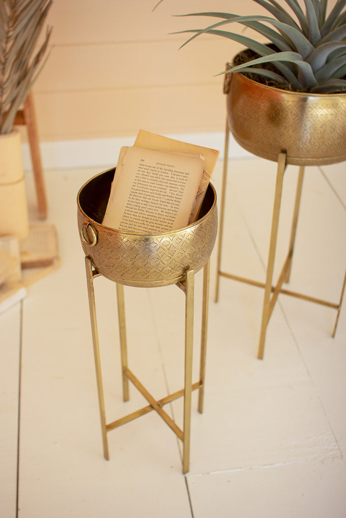 Brass finish planters with stands, set of 2 - The Nifty Decor