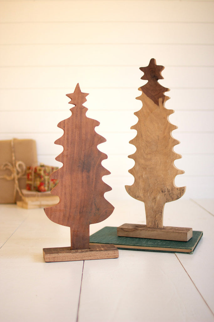 Set of 2 recycled wooden Christmas trees on bases - Bombay Mercantile