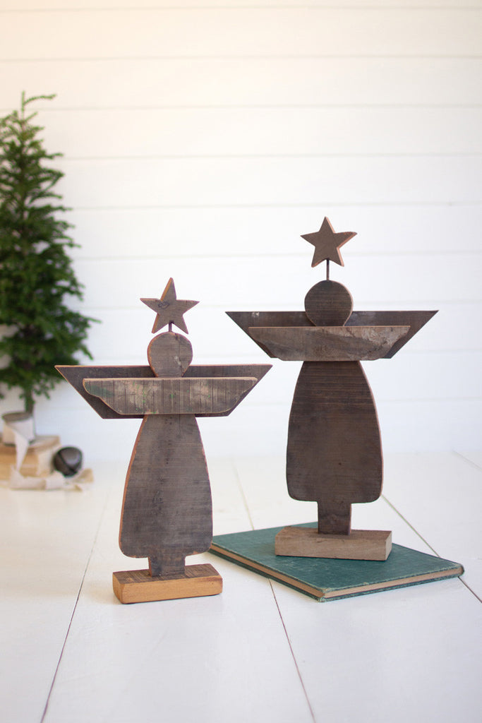 Set of 2 recycled wooden christmas angels on bases - Bombay Mercantile