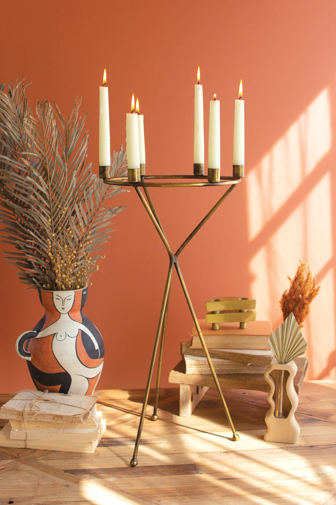 Antique brass tabletop candelabra with six taper candle holders - Bombay Mercantile