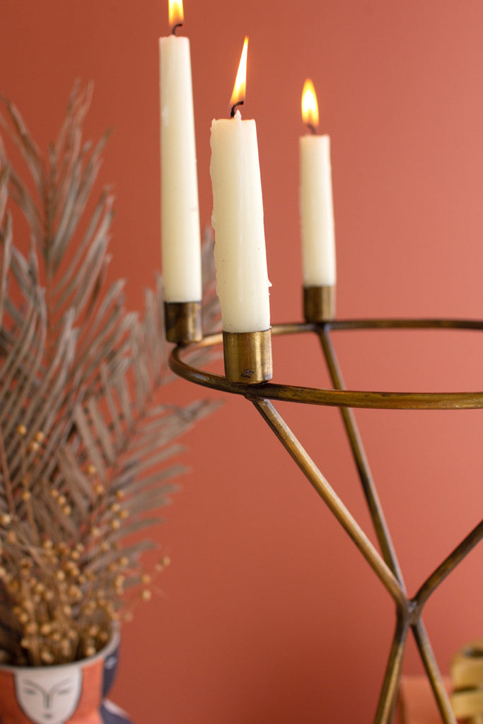 Antique brass tabletop candelabra with six taper candle holders - Bombay Mercantile