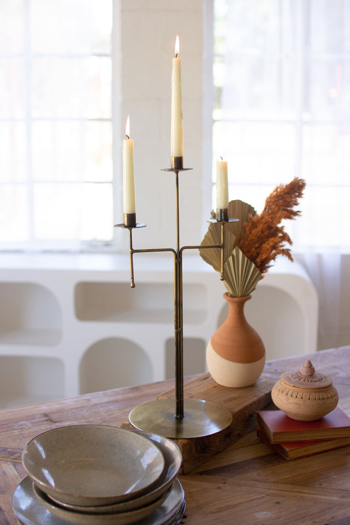 Antique brass tabletop candelabra with three taper candle holders - Bombay Mercantile