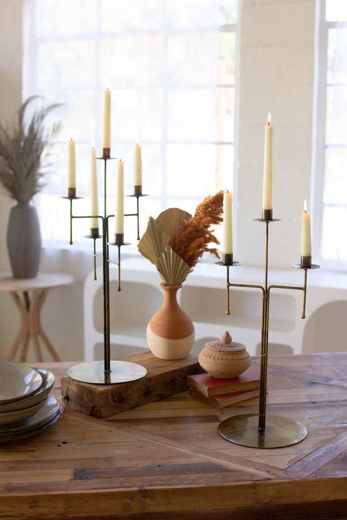 Antique brass tabletop candelabra with three taper candle holders - Bombay Mercantile