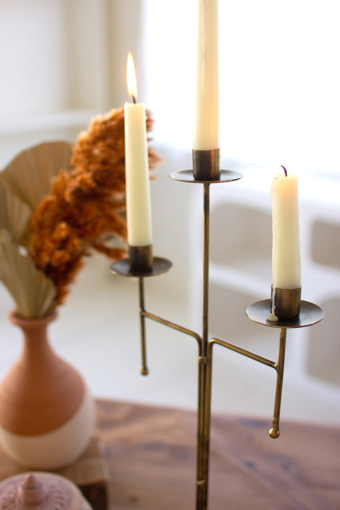 Antique brass tabletop candelabra with three taper candle holders - Bombay Mercantile
