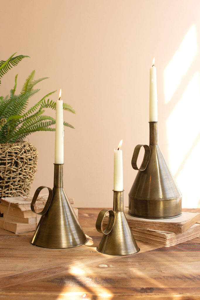 Set of 3 antique brass funnel taper candle holders - Bombay Mercantile