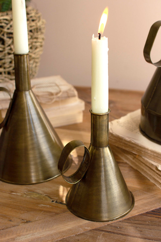 Set of 3 antique brass funnel taper candle holders - Bombay Mercantile