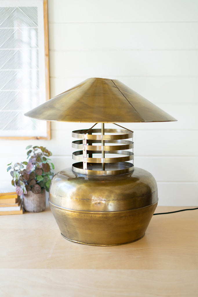 Antique brass table lamp with metal shade - Bombay Mercantile