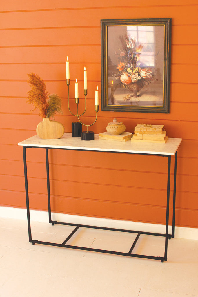 Iron console with black and white marble top - Bombay Mercantile