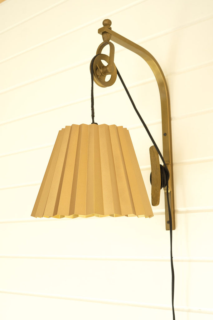 Antique brass pulley wall lamp with pleated brass shade - Bombay Mercantile