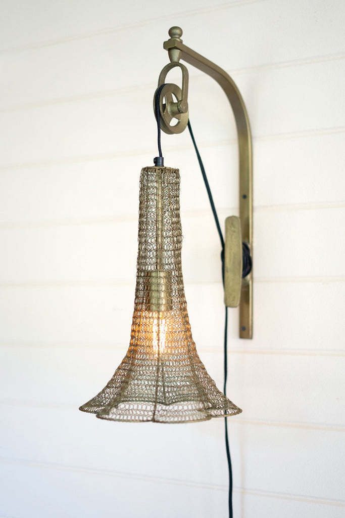 Antique brass pulley wall lamp with wire brass shade - Bombay Mercantile