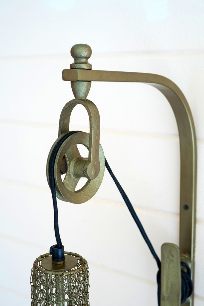 Antique brass pulley wall lamp with wire brass shade - Bombay Mercantile