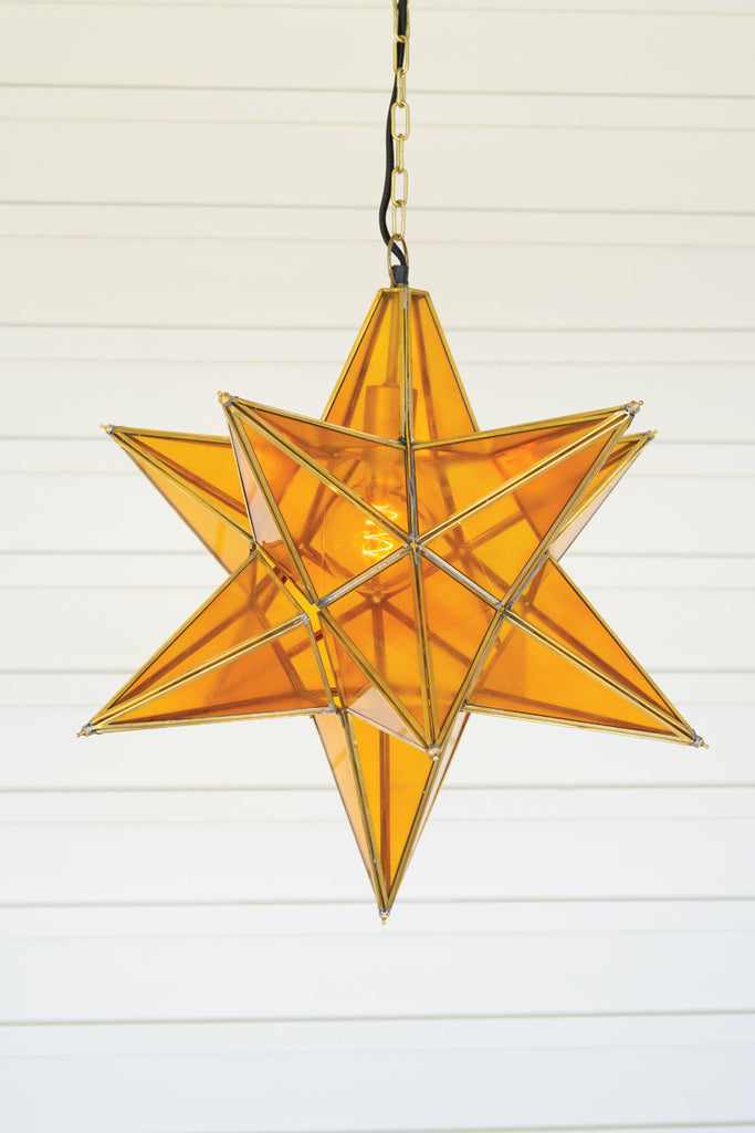 Amber glass and brass star pendant light - Bombay Mercantile