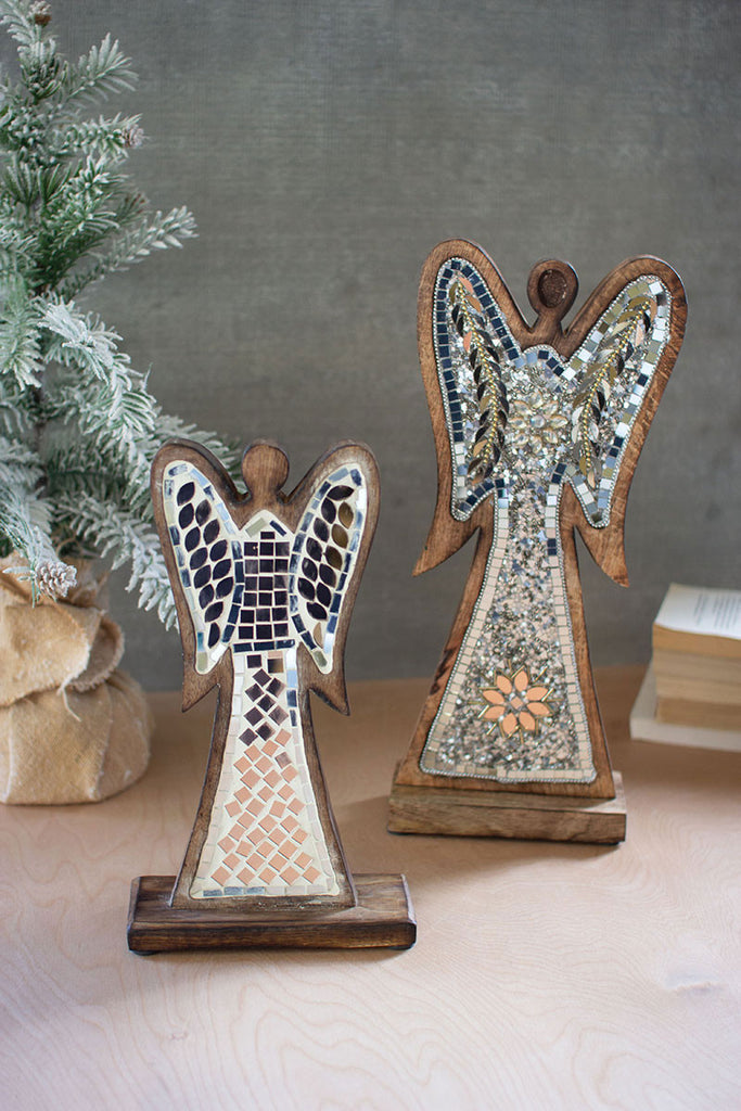 Mosaic beaded wooden angels, set of 2 - The Nifty Decor
