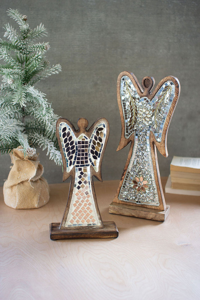 Mosaic beaded wooden angels, set of 2 - The Nifty Decor