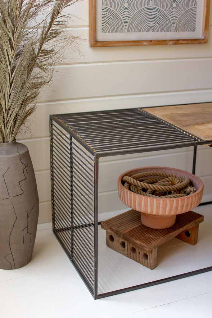 Rectangle iron coffee table with wooden top - Bombay Mercantile