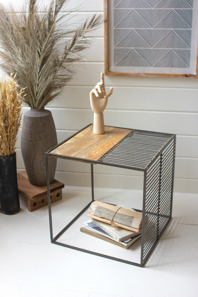 Square iron side table with wooden top - Bombay Mercantile