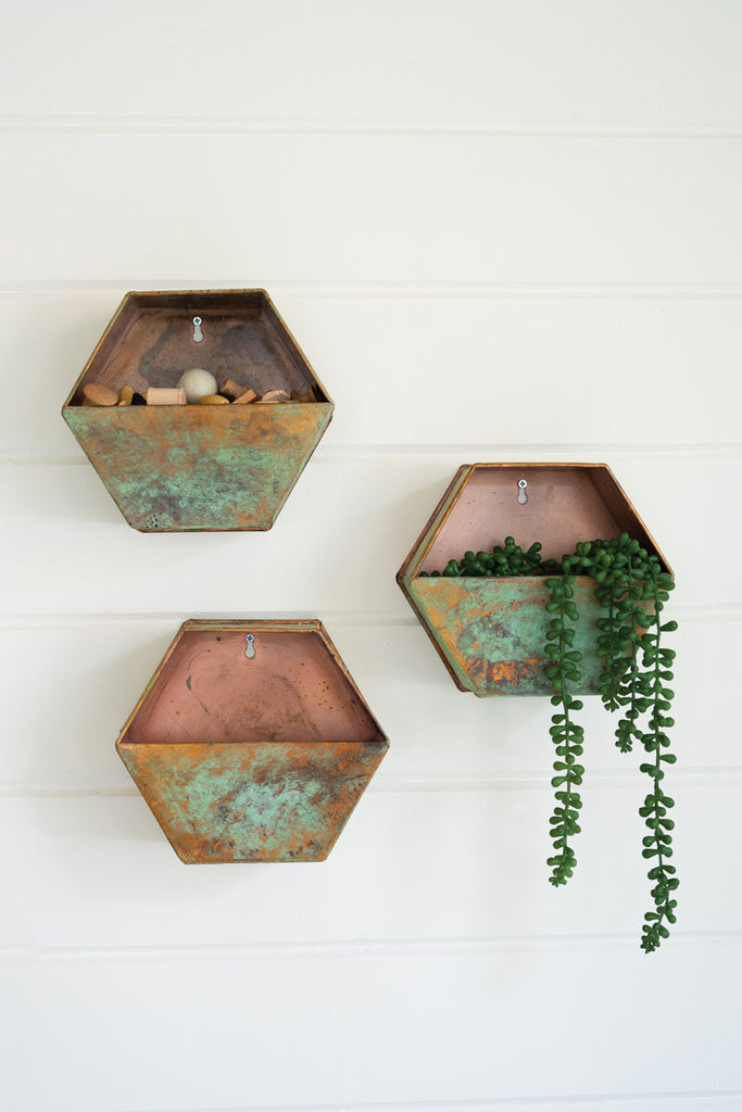 Set of 3 antique copper hexagon wall pockets - Bombay Mercantile