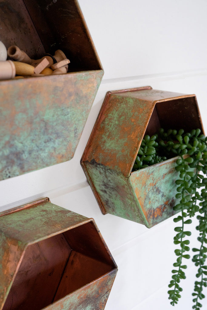 Set of 3 antique copper hexagon wall pockets - Bombay Mercantile