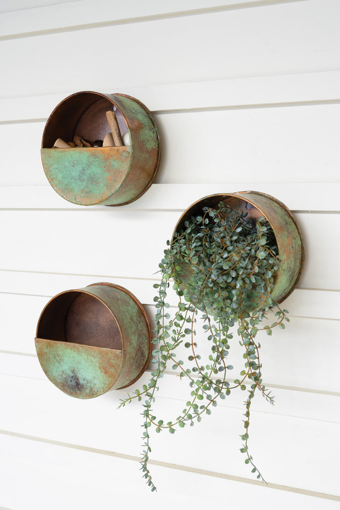 Set of 3 antique copper round wall pockets - Bombay Mercantile