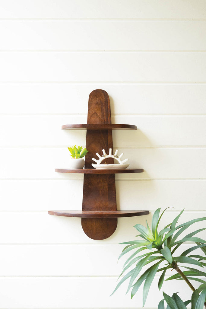 Triple demi-lune mango wood wall shelf - Bombay Mercantile