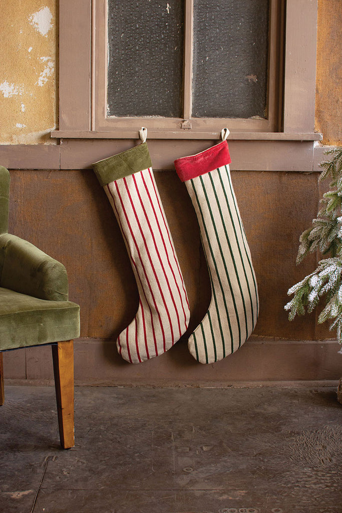 Giant striped Christmas stockings with velvet collar, set of 2 - The Nifty Decor