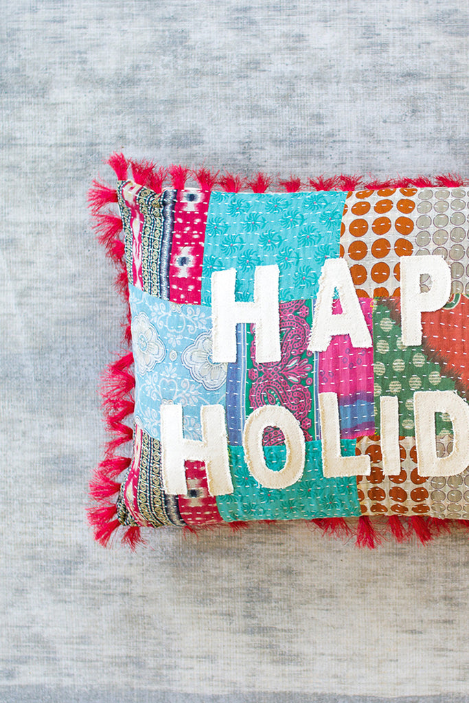 Happy holiday kantha pillow - The Nifty Decor