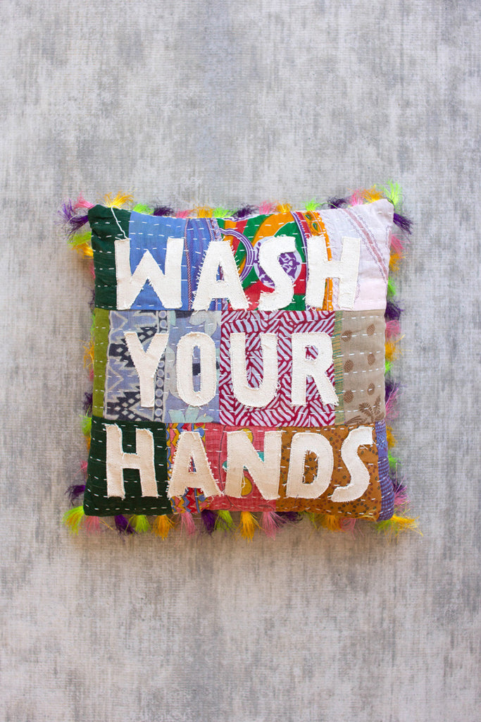 Wash your hands kantha pillow - Bombay Mercantile