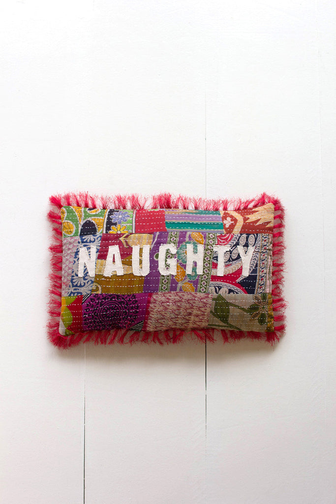 Naughty/nice christmas kantha pillow - Bombay Mercantile